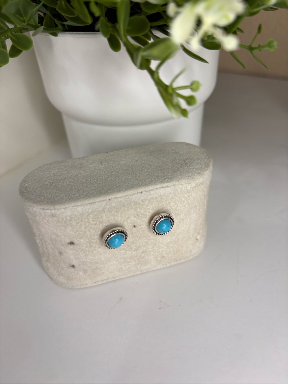 Turquoise Silver Tone Faux Turquoise Western Boho Stud Earrings Rope Border